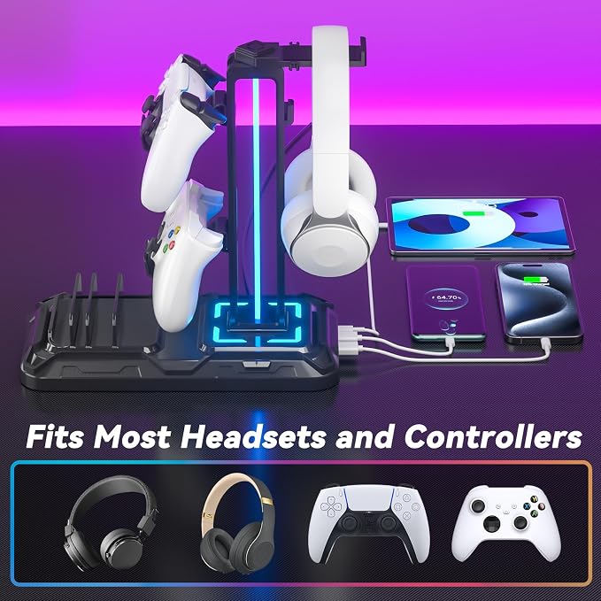 KDD Headset Stand with Charging Station & RGB Headphone Controller Stand with Cable Organizer