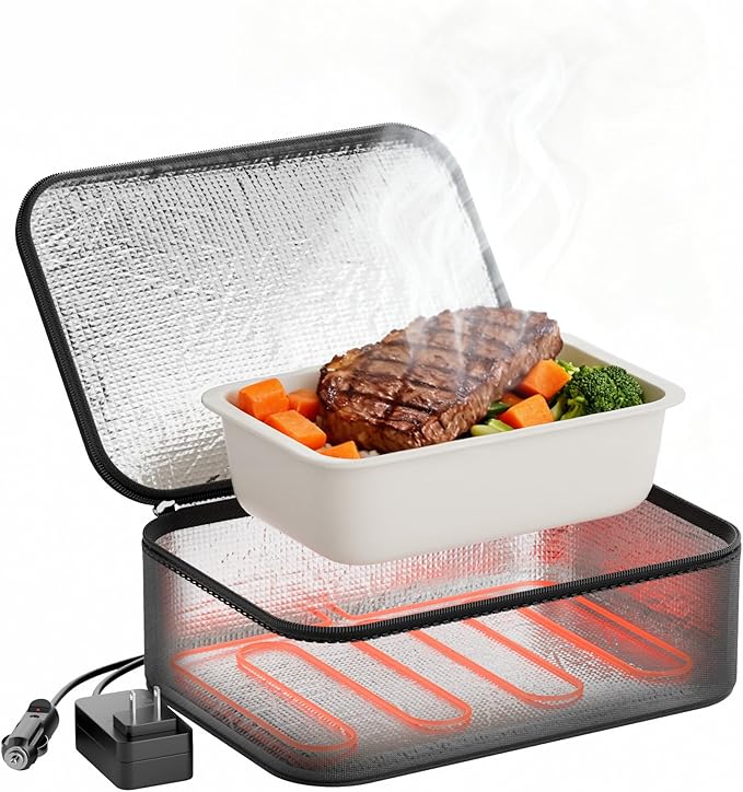 Portable Food Warmer - Heated Lunch Box for Adluts - Electric Thermal Lunch Bag with Buckle Handle, Heating Food Warmer Bags for 12V/24V Car & Truck, 110V/220V Home/Office, Black
