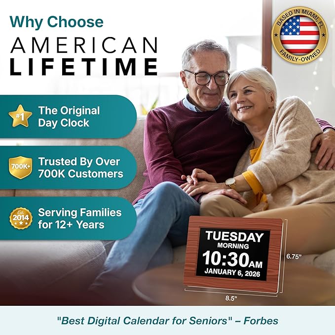 American Lifetime New 2026 Dementia Clock Large Digital Clock for Seniors, Large Display with Custom Alarms, Calendar Clock with Day & Date for Elderly, Clear Numbers Alzheimer Digital Clock Wood