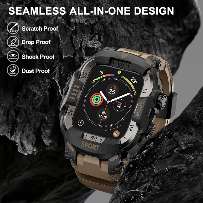 DABAOZA Rugged Case with Band Compatible with Apple Watch 44mm, for iWatch Series 6/5/4 & SE 3/2/1,Military Grade Shockproof Bumper and Men's Tactical Heavy Duty Strap (Desert Tan,44MM)