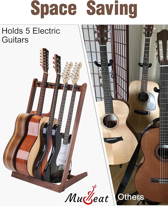 Multi Guitar Stand, Black Walnut Guitar Rack for 3 Acoustic/5 Electric/Bass | Guitar rack with soft felt pad and neck holder, guitar rack multiple guitars saves floor space, ideal for home studio display