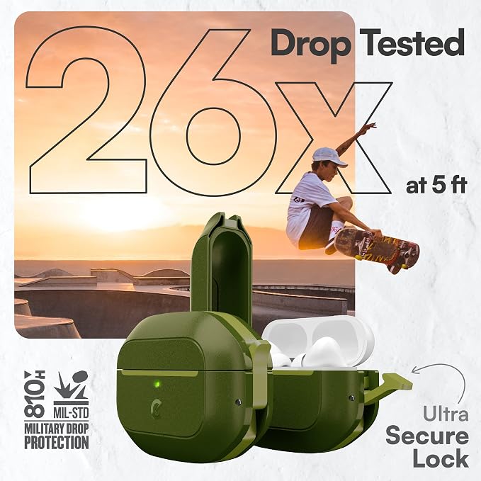 Keybudz for AirPods Pro 2 Case with Lock - Fully Waterproof AirPods Pro 2nd Generation Case Cover - Keychain, Rugged Tough Protection, Hard Shell and Carabiner for USB-C/Lightning (Forest Green)