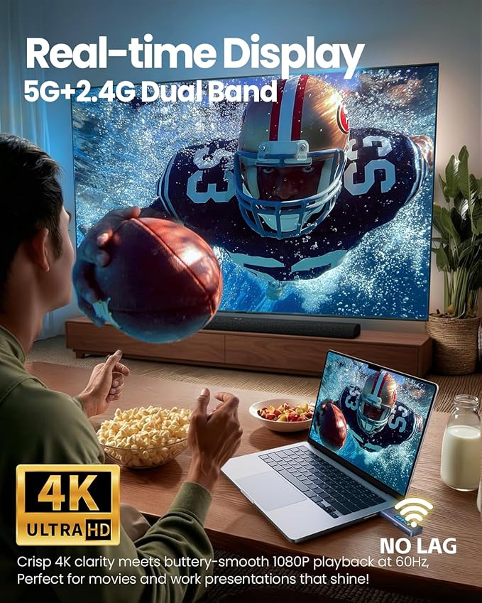 Wireless HDMI Transmitter and Receiver 328FT/100M,4K Decode Plug & Play Portable 5G+2.4G Wireless HDMI Remote Control Extenders for Video/PC/Projector/TV Box
