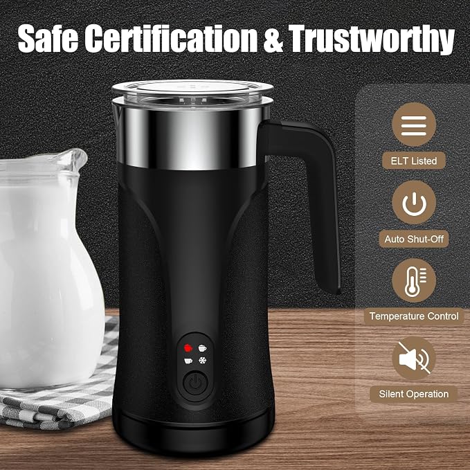 Milk Frother, 4-in-1 Milk Frother and Steamer, 10.1oz/300ml Automatic Hot and Cold Foam Maker and Milk Warmer, Electric Milk Frother for Coffee, Latte, Cappuccino, Matcha(Black)
