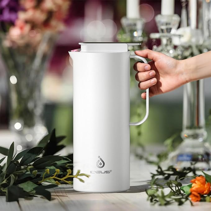 IDEUS Thermal Coffee Carafe 50oz (1,400ml), Stainless Steel Double Wall Insulated Vacuum Flask, Water Jug Coffee Server and Beverage Dispenser, Heat and Cold Retention, White