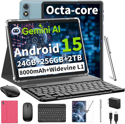 Android 15 Tablet 10 Inch, 2026 Tablet with Keyboard, 24GB+256GB+2TB Expand, Tablets PC with Gemini AI, Octa-Core, 8000mAh, 5G WiFi, Widevine L1, GMS, 2 in 1 Tablets with Case, Mouse, Stylus (Pink)