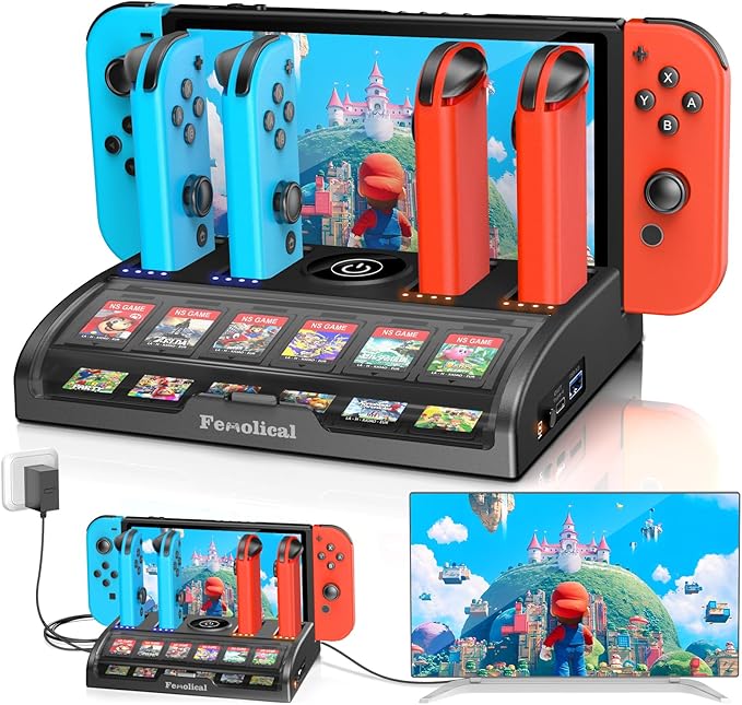Fenolical TV Switch Dock Station for Nintendo Switch/OLED, Support 4K/1080P HDMI Charger Docking Station for Joycon Controller Accessories for PS3 Skins with 12 Game Slots (Black)