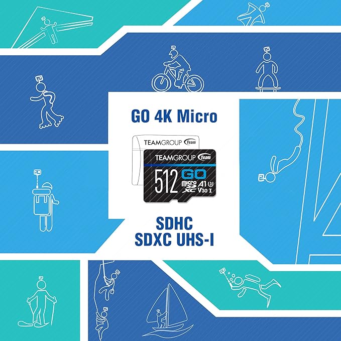 TEAMGROUP GO Card 512GB MicroSDXC UHS-I U3 V30 4K for Action Cameras & Drone High Speed Flash Memory Card with Adapter for Outdoor Sports&Vlog, 4K Shooting,GoPro&Insta360&DJI TGUSDX512GU303