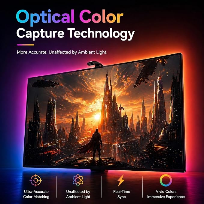 AOC TV LED Backlight, TV Lights that Change with TVs for 55-65 inch Screen, RGB Strip Lighting with Sensor, Syncs Behind The Monitor, Smart App Control, Movie Game Music & DIY Mode, 14.8FT