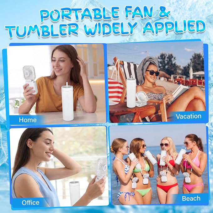 Reallnaive 6 Pcs Skinny Tumbler Bulk and Mini Portable Fans Set for Summer, 16 oz Plastic Cups with Lids Straws and Small USB Rechargeable Handheld Fan for Cooling Gift (White)