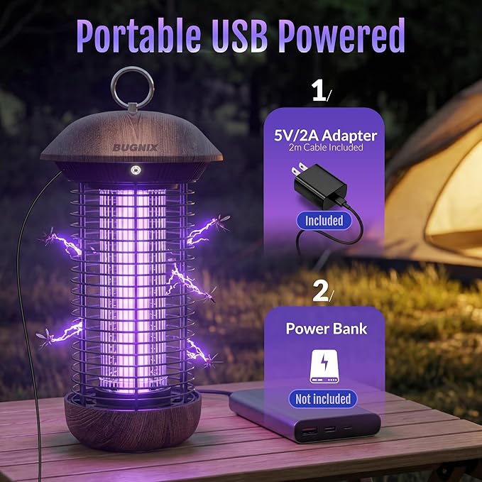 Bug Zapper Indoor Outdoor, Electric Mosquito Zapper 4200V, USB Powered Plug-in, Works with Adapter or Power Bank, No Built-in Battery, 365-395nm LED Bug Light, ABS Shell, for Home Patio Camping