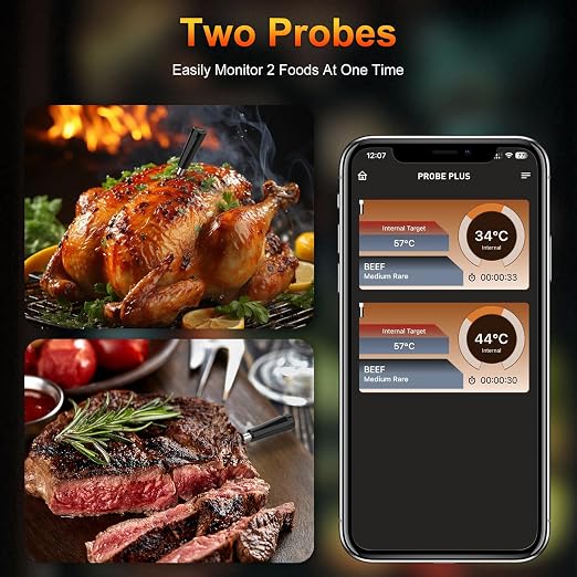 Wireless Meat Thermometer with 2 Ultra-Thin Probes, Bluetooth Digital Food Thermometer 600FT Remote Range, Standalone Smart Base for Grill Smoker Roast Oven, Cooking