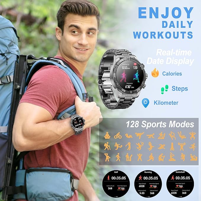 Men's Smart Watch Round HD 1.53" Gold Blue Smart Watches for Men, Multiple Sports Modes, Bluetooth Voice Call. Available for iOS and Android (Black Steel)