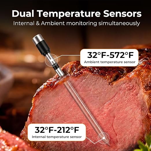 Wireless Smart Meat Thermometer, Dual-Sensor Probe, 500FT Remote, Dedicated App, Real-Time Temp for Oven/Grill - Rechargeable, Precise for Steak