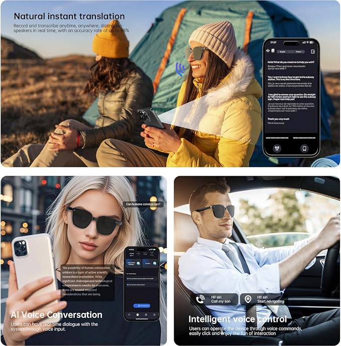 AI Smart Glasses for Men and Women with Chat GPT, Real Time Translation Glasses with 164 Languages,Sunglasses Music Playback, Hands-Free Calls, Open-Ear Audio for Travel, Meetings