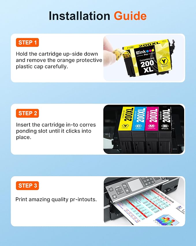 E-Z Ink Pro Remanufactured Ink Cartridge Replacement for Epson 200 Ink Cartridges Combo Pack for 200XL Ink Cartridges to use with XP-200 XP-300 XP-310 XP-400 XP-410 WF-2520 WF-2530 Printer(4 Pack)