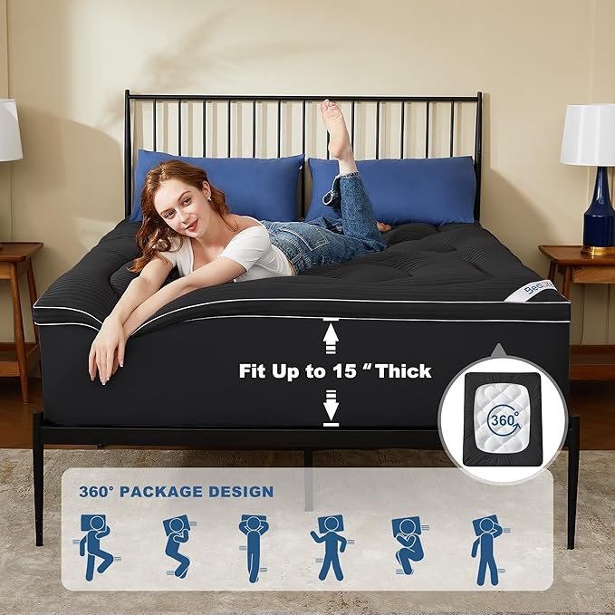 BEDLORE Full Mattress Topper, Thick Pillow Top Pad for Back Pain Relief, Soft Mattress Cover with Deep Pockets 6-15 inch（Black）