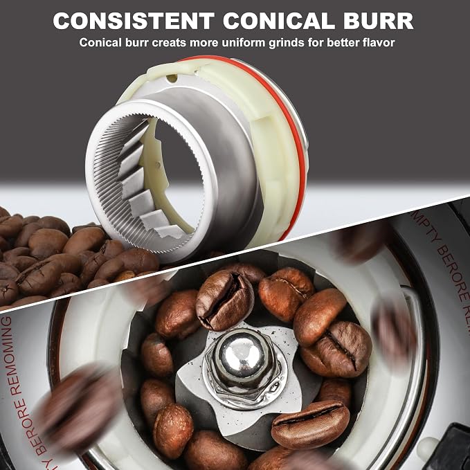 Electric Conical Burr Coffee Grinder with 48 Grind Settings, 35s Timer, Detachable 48-51mm Portafilter Holder, Anti-Static, Low Noise for Home Espresso, Drip, French Press (Black)