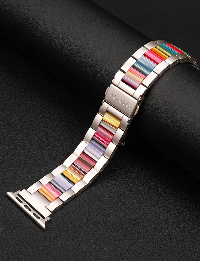 Wearlizer Compatible with Apple Watch Band 42/44/45/46/49mm Fashion Wristband Women, Stainless Steel+Resin Metal Replacement for iWatch Series 11 10 9 8 7 6 5 4 3 SE/Ultra 3 2 1-Starlight+Rainbow