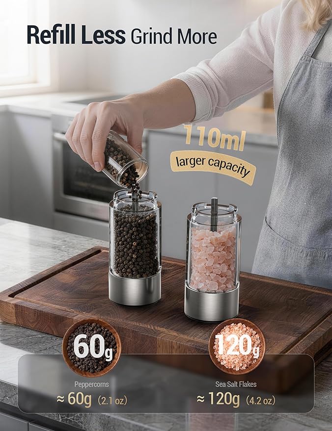 ThermoMaven Electric Salt and Pepper Grinder Set, 110ml Larger Rechargeable Automatic Salt and Pepper Mill Grinder with 6 Adjustable Coarseness, Electric Salt and Pepper Shakers, LED, Matcha
