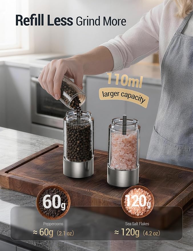 ThermoMaven Electric Salt and Pepper Grinder Set, 110ml Larger Rechargeable Automatic Salt and Pepper Mill Grinder with 6 Adjustable Coarseness, Electric Salt and Pepper Shakers, LED, White Sand