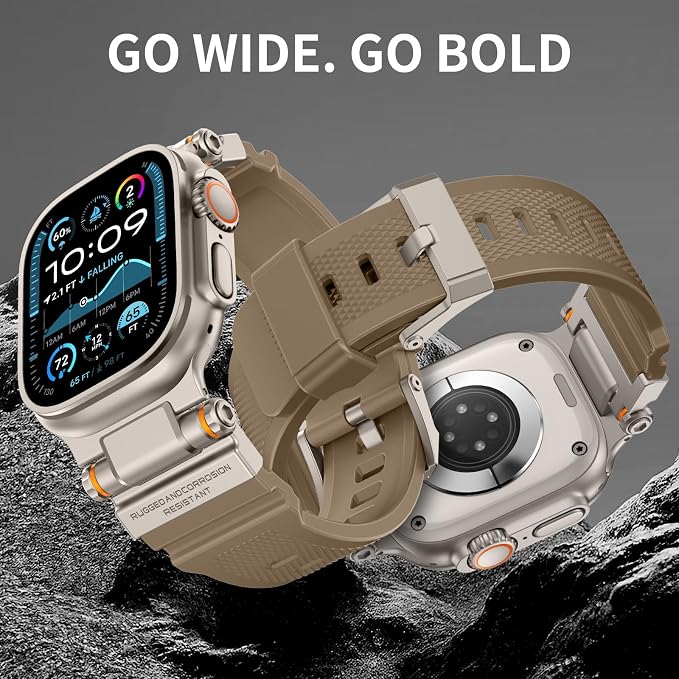 FOAMUNOC Rugged Band Compatible with Apple Watch Ultra 3/2/1 Band 49mm/46mm/45mm/44mm/42mm, Metal Connector with Strap for iWatch Ultra Series 11/10/9/8/7/6/SE3/SE2/SE/5/4/3/2/1, Desert Tan/Titanium