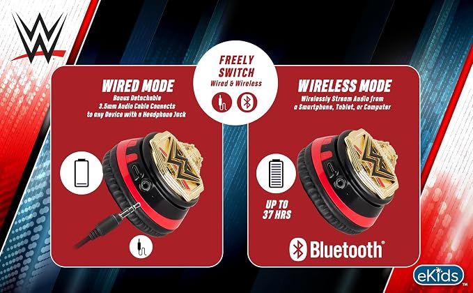 WWE Bluetooth Headphones for Kids, Volume Reduced Wireless Headphones for School Home or Travel (WWE)