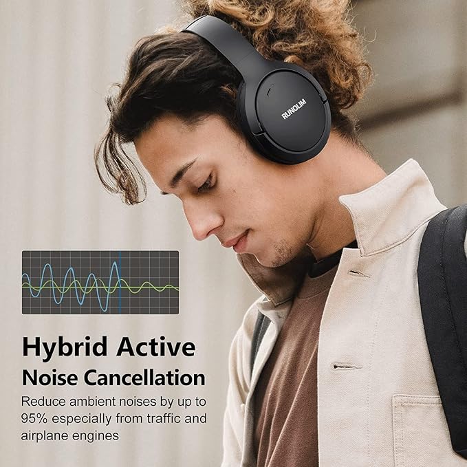 RUNOLIM Hybrid Active Noise Cancelling Headphones, Wireless Over Ear Bluetooth Headphones with Microphone, 100H Playtime, Foldable Headphone with HiFi Audio, Deep Bass for Home Travel Office