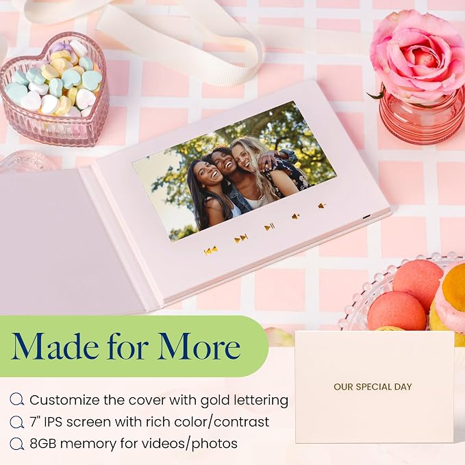 VoiceGift Video Book 7" HD IPS Screen Wedding Video Book Digital & Video Album Book with Sound, 8GB Storage, USB Rechargeable Keepsake for Special Gifts & Memorials