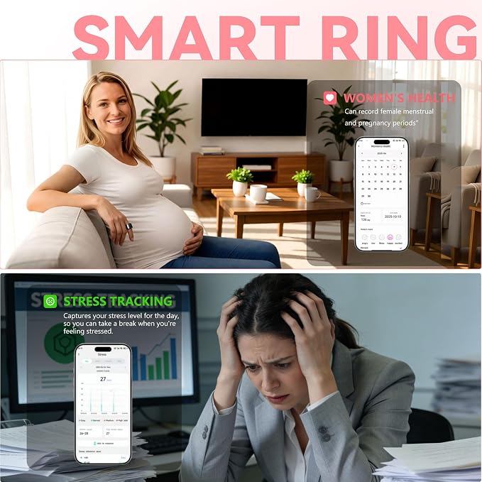Smart Ring for Women & Men, Health & Fitness Tracker with Heart Rate/Sleep Monitoring/Blood Pressure, 5ATM Waterproof,Activity Trackers with Free App,Stylish Fitness Ring Birthday Gift(Size 8, Black)