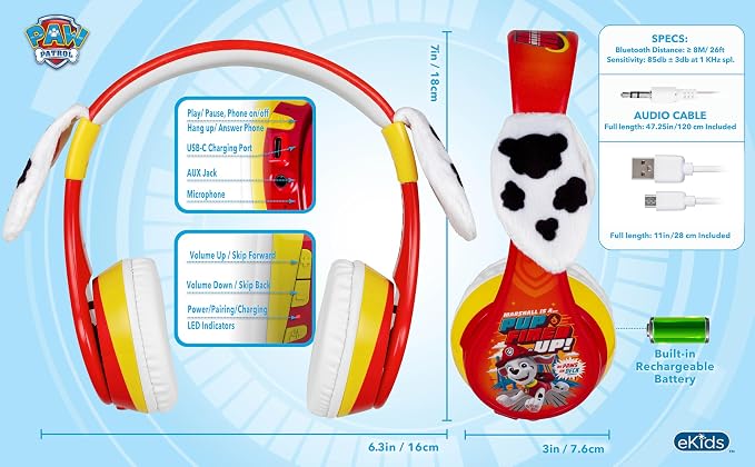 Paw Patrol Bluetooth Headphones for Kids, Volume Reduced Wireless Headphones for School Home or Travel (Paw Patrol Marshall)
