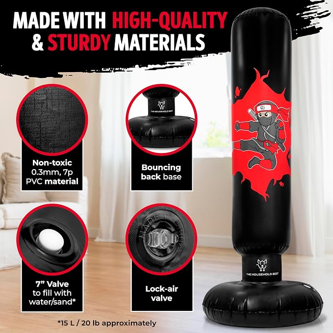 THB Punching Bag for Kids - Inflatable Punching Bag with Boxing Gloves for Kids Age 3-8, 63” Ninja Boxing Bag with Electric Air Pump to Practice Taekwondo, Karate, MMA, Bouncing Back