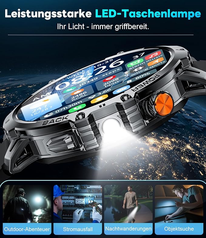 LIGE Military Smart Watches for Men(3 Bands),1000mAh/1.85" HD Large Screen Smartwatch, Flashlight/110+ Sports Modes/IP68 Waterproof/Sleep Monitor, Fitness Tracker Watch for Android iOS,Jet Black