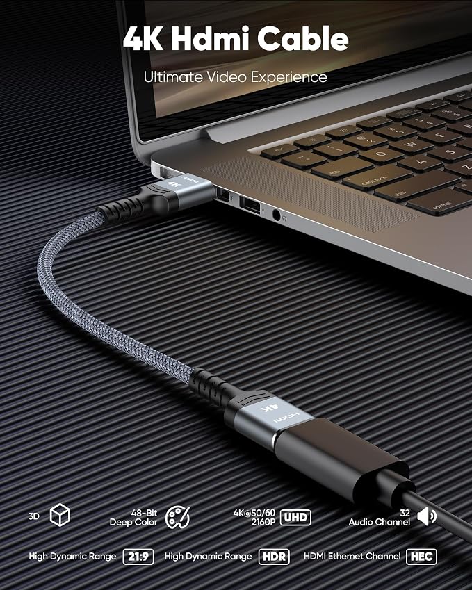 Highwings Ultra‑Short HDMI Cable, 1.06ft Total Length (0.69ft Cable Length), Braided 4K HDR Cord Specially for Compact/Tight Spaces, High Speed with Ethernet ARC 3D HDCP 2.2 for Monitor PC