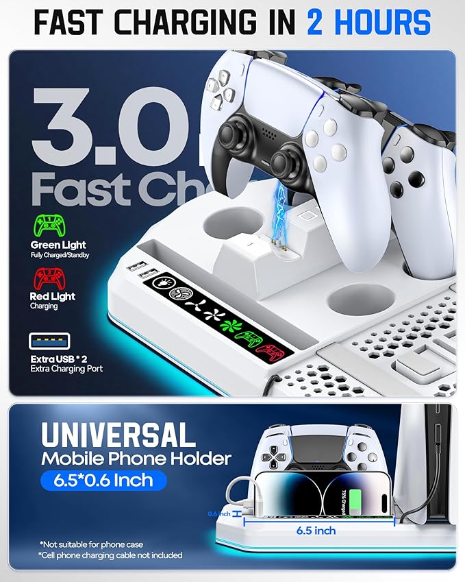 Cooling Station with Controller Charger for PS5/Slim/Pro, PlayStation 5 Vertical Stand for Disc & Digital Console, Dual PS 5 Controller Charging Station with 3 Level Cooling PlayStation 4 Chargers