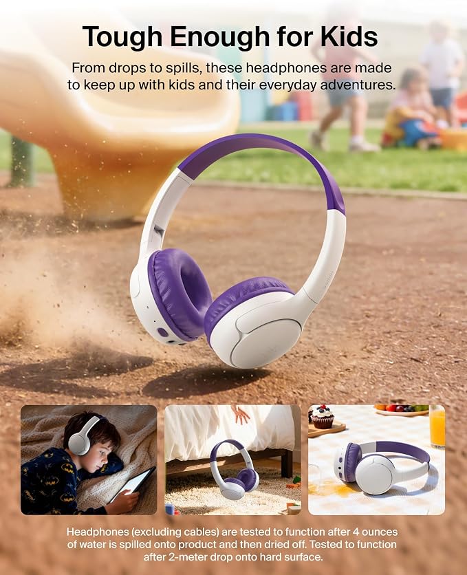 Belkin SoundForm Mini 2 Wireless Kids Bluetooth Headphones - On-Ear Earphones w/ 55H Battery Life, 85dB Safe Volume Limit, Built-in Microphone - Toddler Headphones for iPad, Tablet, School, Travel