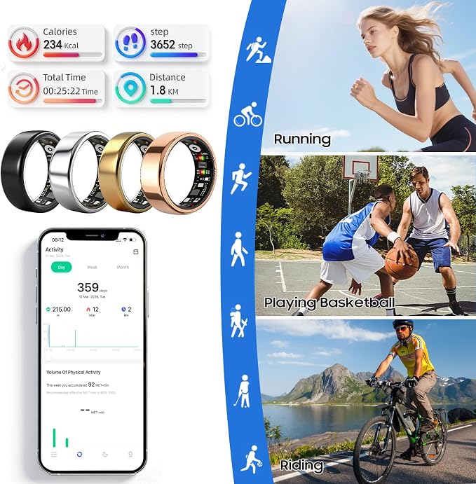 Smart Ring for Women Men, Health Fitness Ring Gen 3 with Free App No Subscription Fee, Stress & Sleep Monitor, Heart Rate & Step Tracker, IP68 Waterproof, Android/iOS Compatible (Rosegold,8)