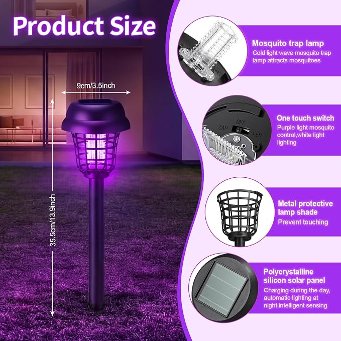 4 Pcs Solar Bug Zapper Outdoor Waterproof Mosquito Repellent Light Solar Power Fly Killer Lamps for Moths, Gnats, Fly, Small Flying Insect Backyard Garden Lawn (Plastic,Purple & Warm Light)