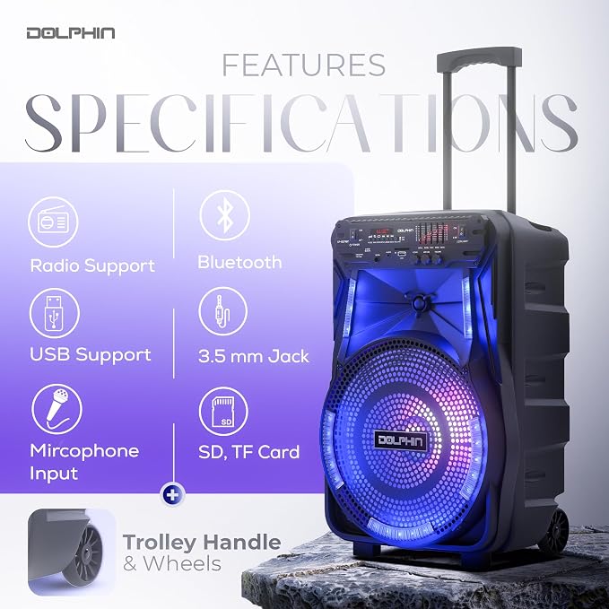 Dolphin 12-Inch Rechargeable Bluetooth Party Speaker – High Power Sound, TWS Compatibility, LED Lights, 5-Band Equalizer, Portable Design with Trolley and Wheels