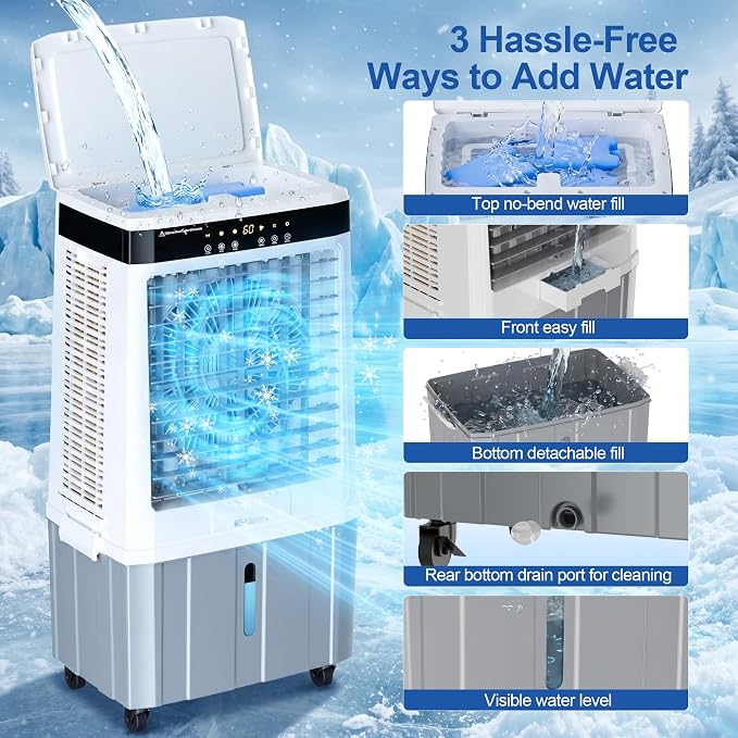 Uthfy 2800 CFM Swamp Cooler, 37" Evaporative Air Cooler with 9.5 Gal Detachable Water Tank, 120° Oscillation, Remote & 12H Timer, Portbable Air Conditioners for Indoor, Garage, Patio