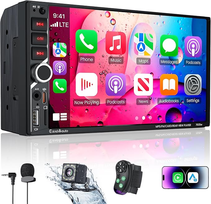 7" Double Din Car Stereo with Wireless Apple CarPlay & Android Auto,QLED IPS Touchscreen Double Din Radio,1080P Backup Camera, Voice Control, Type-C Fast Charging,Bluetooth 6.0, GPS, AM/FM, EQ