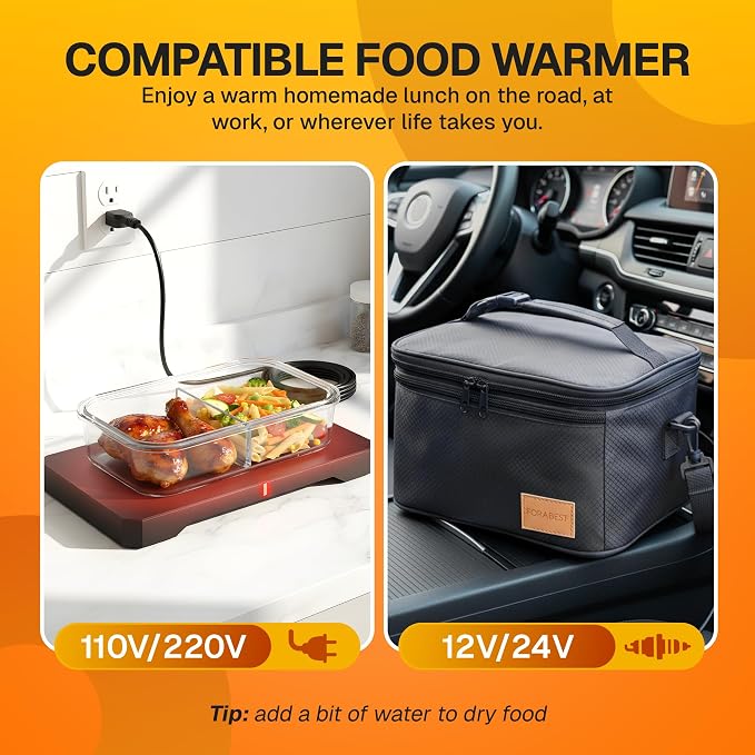 FORABEST Portable Microwave Food Warmer - Electric Lunch Box 80W with Insulated Bag and Utensils - 12V/24V Car/Truck & 110/220V Home/Office Use - Fits up to 10 x 7 x 5 Inches Containers - Black