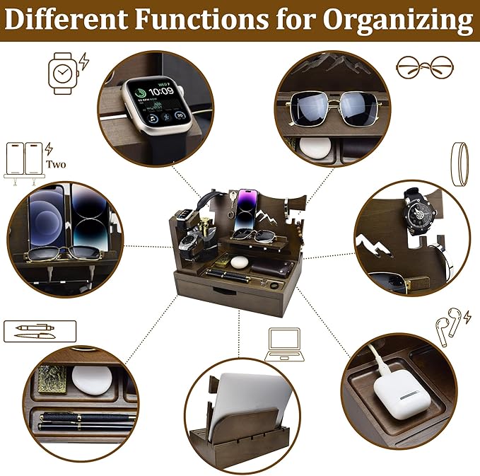 Nightstand Organizer for Men with Large Drawer, Wood Phone Docking Station for Phone, Apple Watch, Wallet & Keys, Ideal Birthday Gift for Father Husband, Bedside Desk Organizer (Brown)
