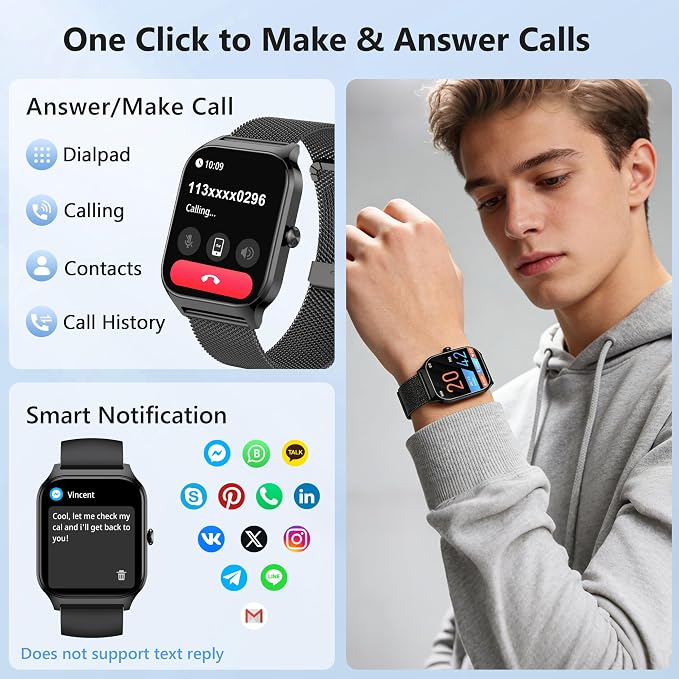 Smart Watch Women Men, 1.85’’ Lightweight Fitness Tracker Make/Answer Call, HR/Blood Pressure/Sleep Monitor, 110+Sport Modes, Waterproof Reloj inteligente Compatible for Android & Samsung & iPhone