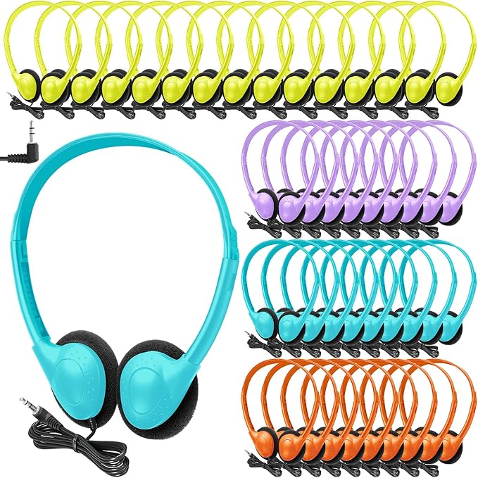 Frienda 48 Pack Classroom Headphones Bulk, Wired School Headsets for Students, Stereo Headphones with 3.5 mm Plug for Classroom, Online Learning, Library(Classic,Blue, Purple, Orange, Yellow)