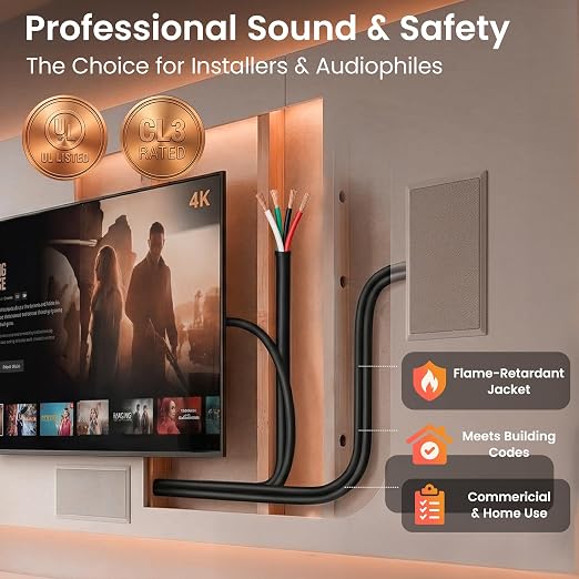GEARit 12 Gauge Speaker Wire OFC 100 ft,Speaker Cable UL CL3 Rated,Copper Wire with Polarity Mark,Audio Cable for in-Wall,Home,Car,Outdoor,Garden,Commercial Audio Systems,OFC(Black,4-Conductors)