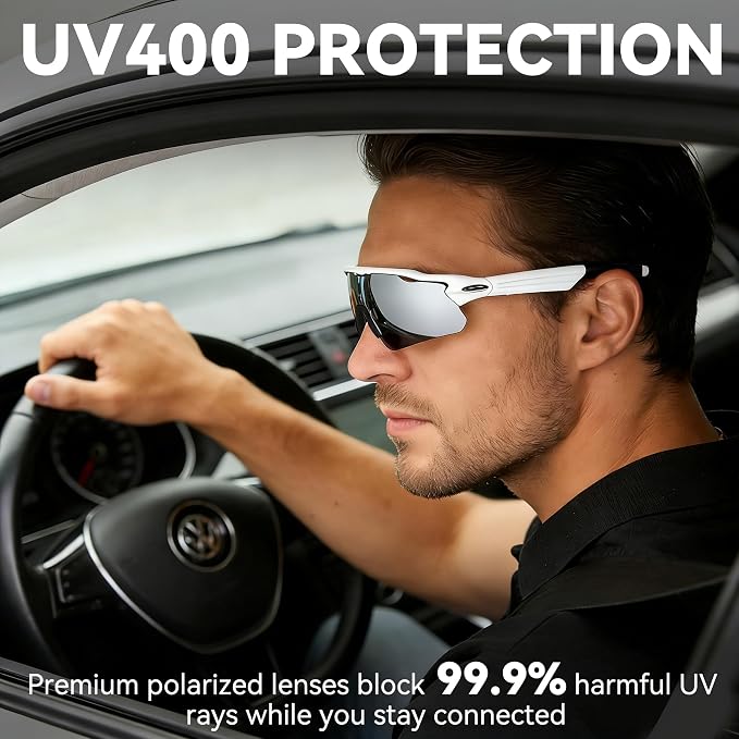 Bluetooth Smart Sunglasses for Men Women, Open-Ear Speaker Glasses with Touch Control, UV400 Polarized Lens, 5-6H Playtime for Outdoor Sports,White and Grey