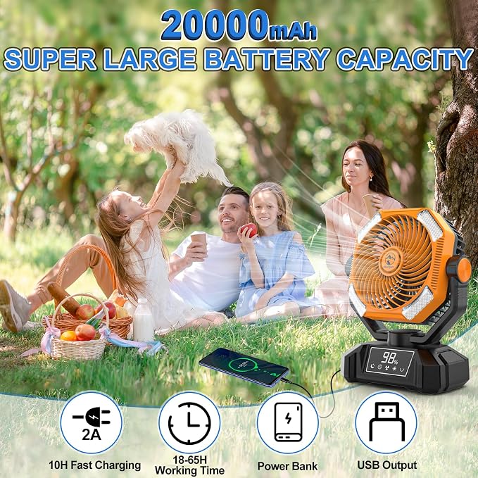 Multper 20000mAh Camping Fan with LED Lantern, 65H Runtime Battery Operated Fan for Tent, Auto-Oscillating Rechargeable Fan with Remote, 4 Speeds Personal Desk Fan for Camping, RV, Jobsite, Outage