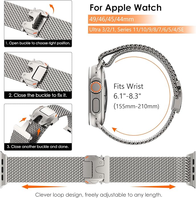 WINGLE Milanese Loop for Apple Watch Band Ultra 3/2/1 Band Ultra 49mm Series 11 10 46mm 45mm 44mm SE 3/2/1 Series 9 8 7 6 5 4 3 Men Women,Parachute-Style Buckle Stainless Steel Mesh Metal iWatch Bands