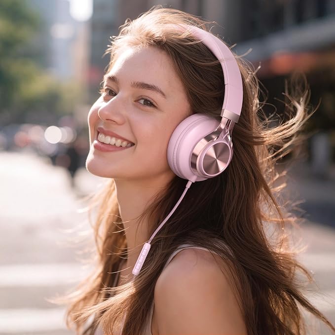 Wired Over-Ear Headphones with Microphone, Foldable Pink Headset with Passive Noise Isolating, Comfort Protein Leather Earcups for Teens, Women, Girls, 3.5mm Jack Laptop Headphones for Study, Work